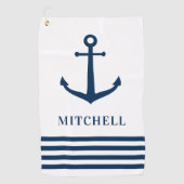 ネイビー航海のホワイトネームパーソナライズされたボートいかり ゴルフタオル (正面)