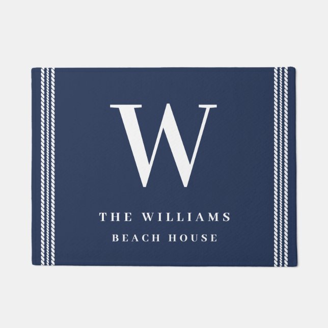 ネイビー航海のホワイトロープモノグラム ドアマット (正面)