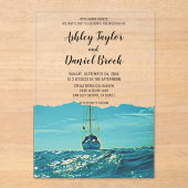 ネイビー航海のボートコースタルディスティネーションウェディング アクリル招待状 (正面)
