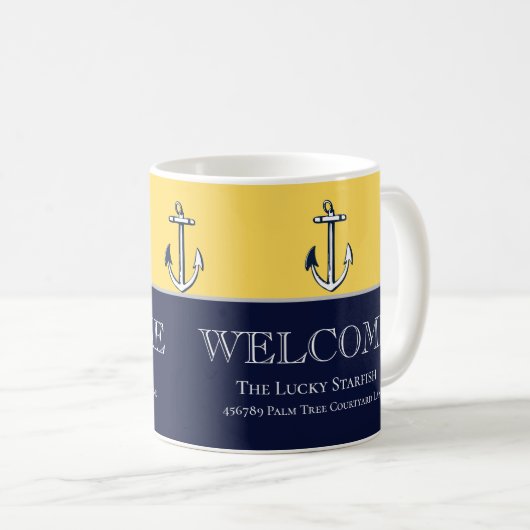 ネイビー航海のマスタードイエローいかりビーチハウス コーヒーマグカップ (正面右)