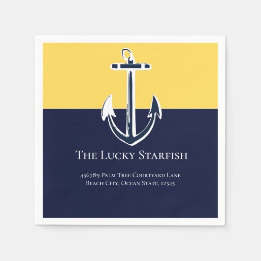 ネイビー航海のマスタードイエローいかりビーチハウス スタンダードカクテルナプキン (正面)