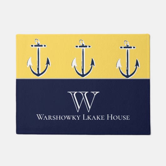 ネイビー航海のマスタードイエローいかりビーチハウス ドアマット (正面)