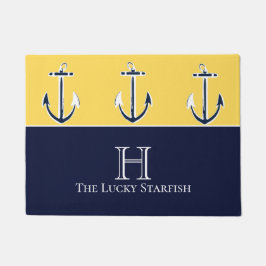 ネイビー航海のマスタードイエローいかりビーチハウス ドアマット
