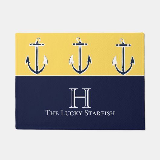 ネイビー航海のマスタードイエローいかりビーチハウス ドアマット (正面)