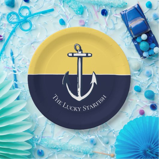 ネイビー航海のマスタードイエローいかりビーチハウス ペーパープレート (パーティー)