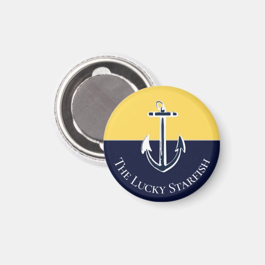 ネイビー航海のマスタードイエローいかりビーチハウス マグネット (正面/裏面)