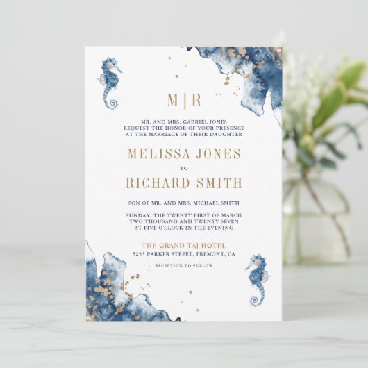 ネイビー航海のモノグラムシーホースQRコー結婚ド 招待状 (スタンド正面)