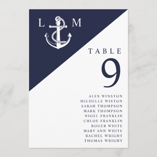 ネイビー航海のモノグラムテーブル番号座席表 招待状 (裏面)