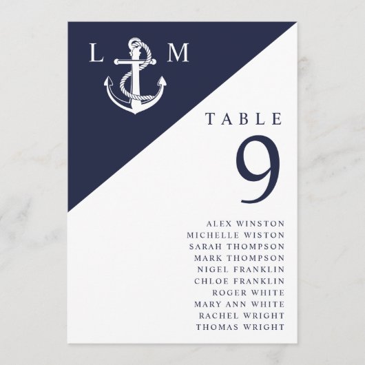 ネイビー航海のモノグラムテーブル番号座席表 招待状 (正面)
