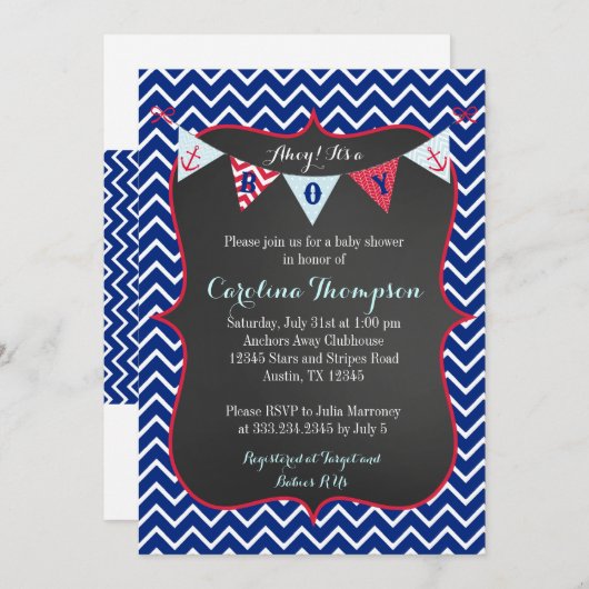 ネイビー航海の男の赤ちゃんシャワー招待状招待状 招待状 (正面/裏面)