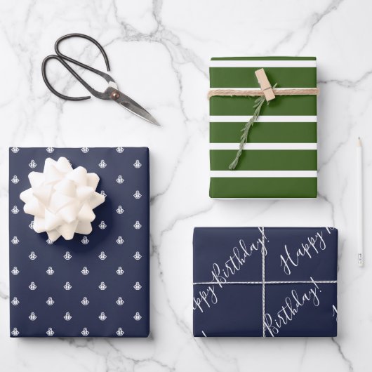 ネイビー航海の&グリーン誕生日ラッピング ラッピングペーパーシート (正面)