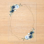 ネイビー花,青い花,緑,甘い16 アクリル招待状 (正面)