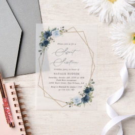 ネイビー花,青い花,緑,甘い16 ベラム紙招待状