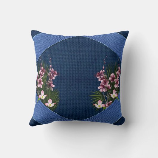 ネイビー芸術品を気取ったブルーファブリックのテクスチャ上のピンクの花 クッション (裏面)