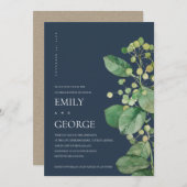 ネイビー葉ズ葉緑色カップルシャワーカード サンキューカード (正面/裏面)