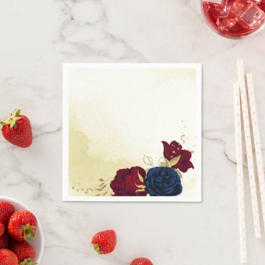 ネイビー赤い花葉結婚のナプキン スタンダードカクテルナプキン (インサイチュ)