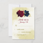 ネイビー赤い花離れ金ゴールド 出欠カード (正面)