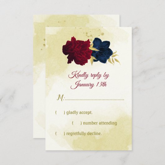 ネイビー赤い花離れ金ゴールド 出欠カード (正面/裏面)