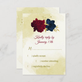 ネイビー赤い花離れ金ゴールド 出欠カード
