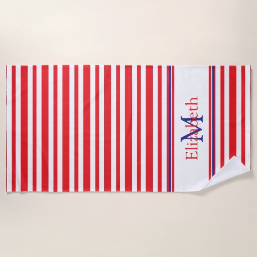 ネイビー赤と白ブストライプ・ブルー・モノグラム付き ビーチタオル (正面)