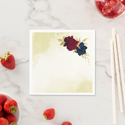 ネイビー赤離れ花結婚金ゴールド スタンダードカクテルナプキン (インサイチュ)
