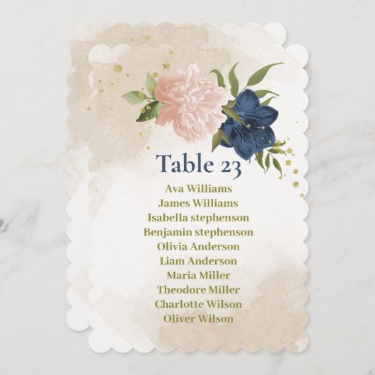 ネイビー赤面の花葉緑の座席チャートカード 招待状 (正面/裏面)