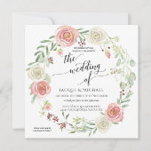 ネイビー赤面アイボリーバラ結婚リーフの水色 招待状 (正面)