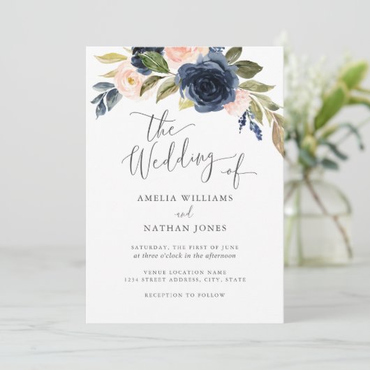 ネイビー赤面ウォーターカラーフラワーリース結婚ズ 招待状 (スタンド正面)