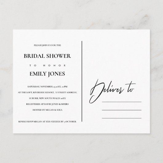 ネイビー赤面バラ水彩フローラブライダルシャワー インビテーションポストカード (裏面)