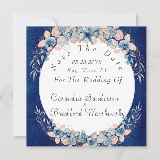 ネイビー赤面ビーチウオーターカラーシェルフラワー結婚ズ セーブザデート (正面)