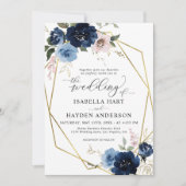 ネイビー赤面ピンクゴールデンフローラ金ゴールド結婚フレーム 招待状 (正面)