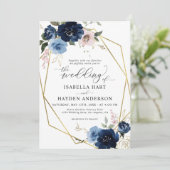 ネイビー赤面ピンクゴールデンフローラ金ゴールド結婚フレーム 招待状 (スタンド正面)