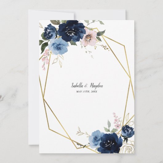 ネイビー赤面ピンクゴールデンフローラ金ゴールド結婚フレーム 招待状 (裏面)