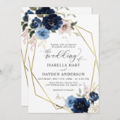 ネイビー赤面ピンクゴールデンフローラ金ゴールド結婚フレーム 招待状 (正面/裏面)