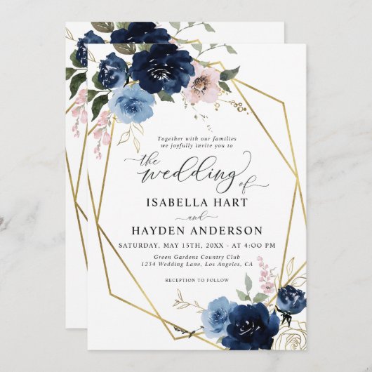 ネイビー赤面ピンクゴールデンフローラ金ゴールド結婚フレーム 招待状 (正面/裏面)