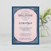 ネイビー赤面ピンクシルバーヴィンテージフレームブライダルシャワー 招待状 (スタンド正面)