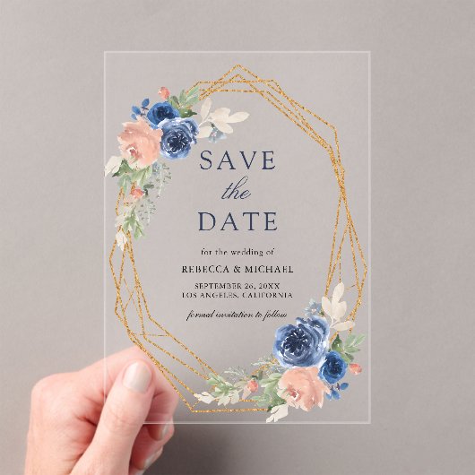 ネイビー赤面ピンクジオメトリックウェディング日付を保存 アクリル招待状 (インサイチュ (ポータブル))