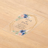 ネイビー赤面ピンクジオメトリックウェディング日付を保存 アクリル招待状 (レイダウン)