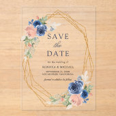 ネイビー赤面ピンクジオメトリックウェディング日付を保存 アクリル招待状 (正面)