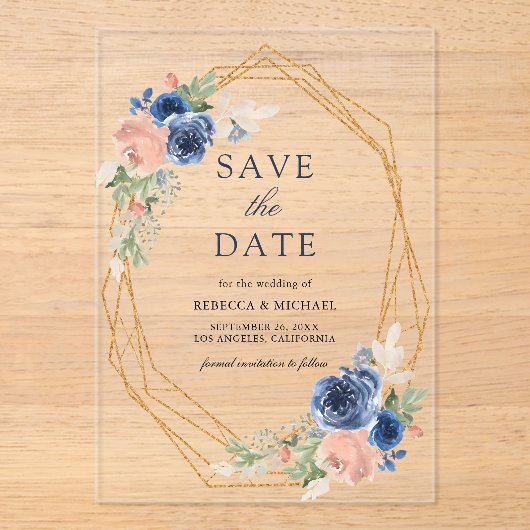 ネイビー赤面ピンクジオメトリックウェディング日付を保存 アクリル招待状 (正面)