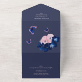 ネイビー赤面ピンクフローラすべて1つの結婚式の招待 オールインワン招待状 (外側)