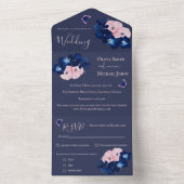 ネイビー赤面ピンクフローラすべて1つの結婚式の招待 オールインワン招待状 (内側)
