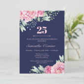 ネイビー赤面ピンクフローラの25歳の誕生日 招待状 (スタンド正面)