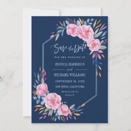 ネイビー赤面ピンクフローラウォーターカラーモノグラム結婚ズ セーブザデート