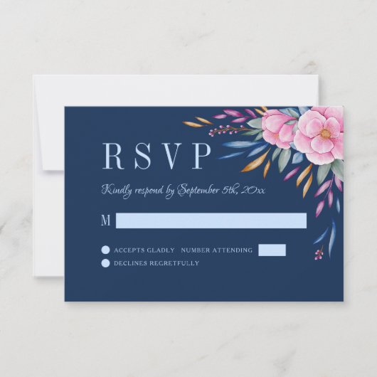 ネイビー赤面ピンクフローラウォーターカラーモノグラム結婚ズ 出欠カード (正面)