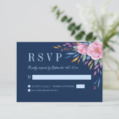 ネイビー赤面ピンクフローラウォーターカラーモノグラム結婚ズ 出欠カード (スタンド正面)