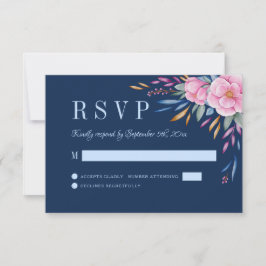 ネイビー赤面ピンクフローラウォーターカラーモノグラム結婚ズ 出欠カード