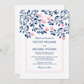 ネイビー赤面ピンクフローラスウォーターカ結婚ラーズ 招待状 (正面/裏面)