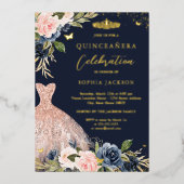 ネイビー赤面ピンクフローラドレスキンセアニェラ 箔招待状 (正面)