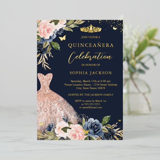 ネイビー赤面ピンクフローラドレスキンセアニェラ 箔招待状 (立ち正面)